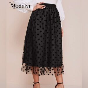 NWT SHEIN Black Sheer Mesh Polka Dot Maxi Skirt Size M
